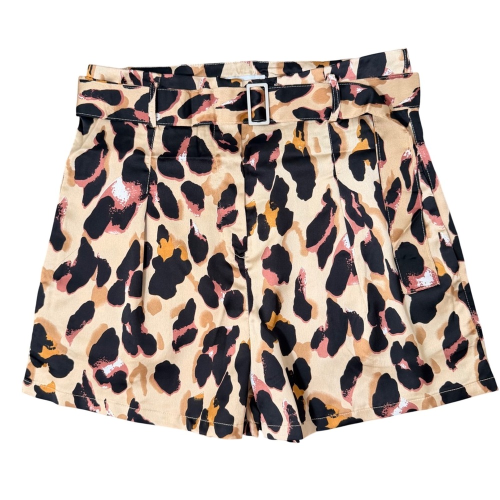 Leopard Pleated Belted Satin Shorts (SM) High Rise Flattering‎ Dressy Feminine